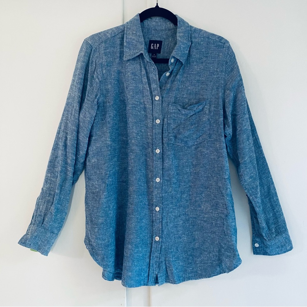 GAP Men's Chambray Linen Blend Button-Down Shirt in Blue Oversized